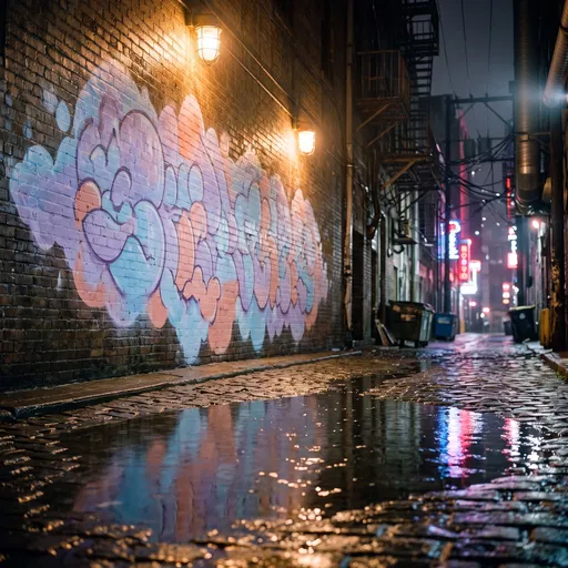 Pastel Graffiti in Rainy Night Alleyway