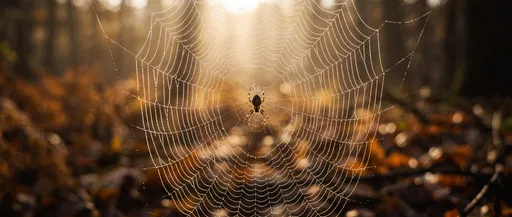 Backlit Dewy Spiderweb in Autumn Forest