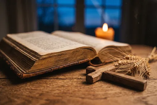 Vintage Open Book With Wooden Cross