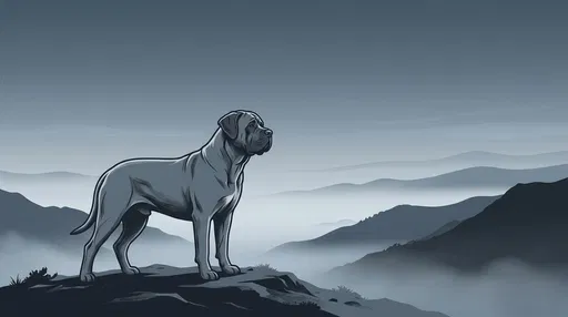 Monochrome Illustration of Mastiff on Ridge