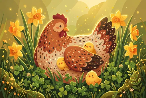 Mother Hen and Chicks in Spring