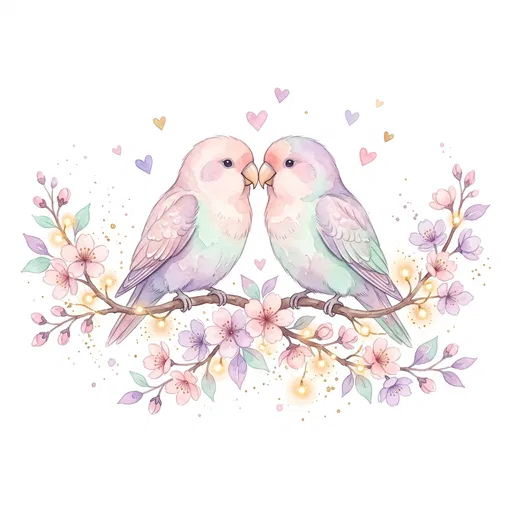 Pastel Watercolor Lovebirds on Blossom Branch
