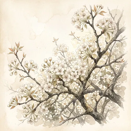 Botanical Watercolor of Blooming Pear Tree