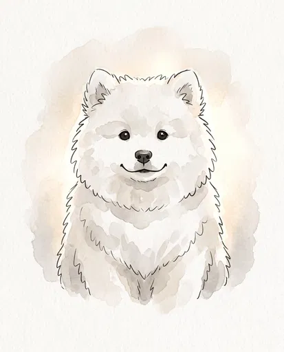 Watercolor and Line Art Samoyed Puppy