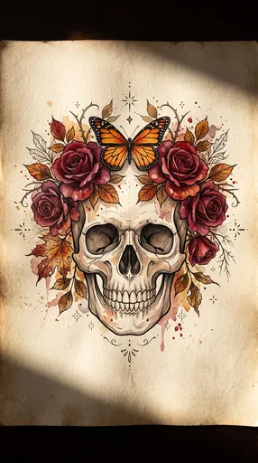 Watercolor Skull and Rose Tattoo Illustration