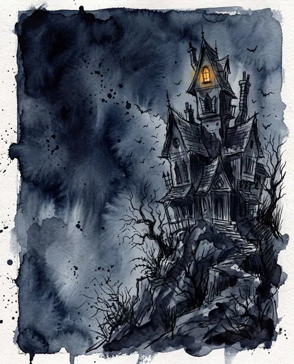Gothic Manor Watercolor Illustration at Night