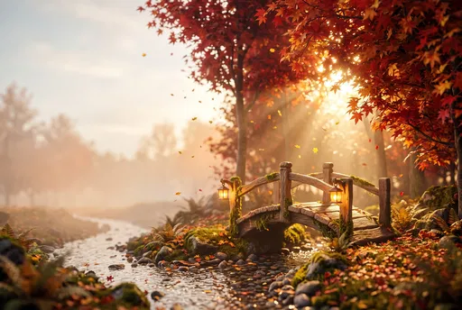 Autumn Woodland Footbridge with Glowing Lanterns