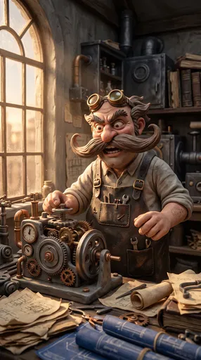 Stylized Steampunk Inventor Working on Clockwork Machine