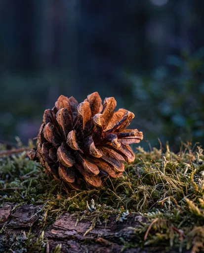 Pine Cone on Mossy Forest Log