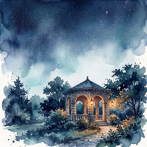 Watercolor Stone Gazebo Under Starry Night Sky