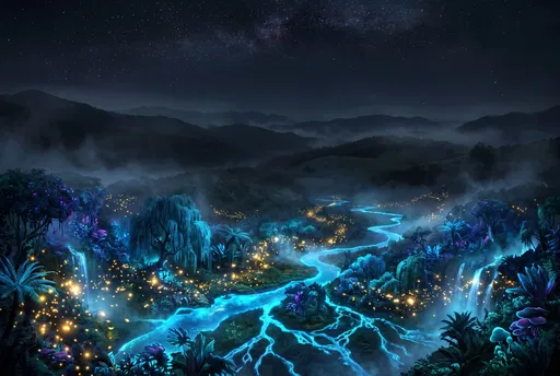 Bioluminescent Fantasy River Valley at Night