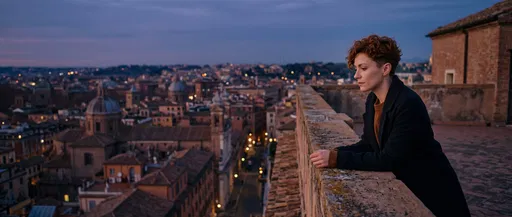 Woman Overlooking Twilight City from Rooftop