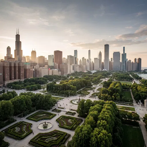 Chicago Skyline Overlooking Formal Park Gardens