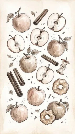 Sepia Watercolor Apples and Cinnamon Illustration