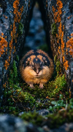 Norway Lemming in Mossy Rock Crevice