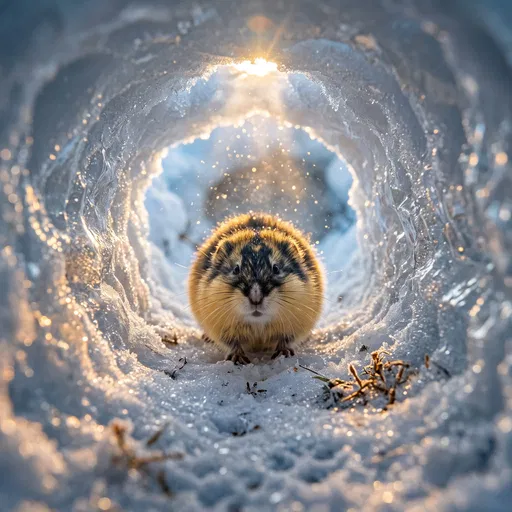 Norwegian Lemming Inside Sunlit Snow Tunnel