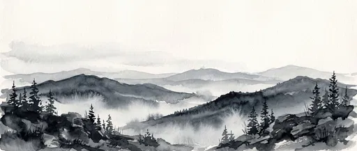 Monochrome Watercolor Misty Mountain Panorama