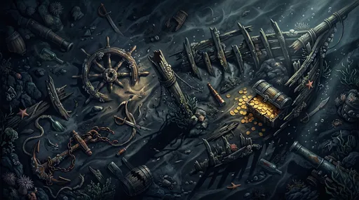 Top-Down Pirate Shipwreck Debris Field Illustration