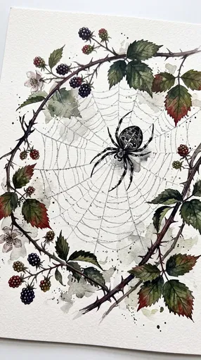Watercolor Spider and Web in Blackberry Brambles