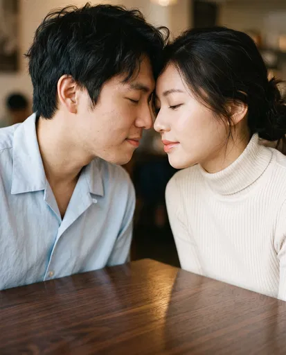 Couple Leaning Together Over Wooden Table