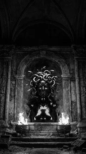 Monochrome Obsidian Medusa Statue in Temple Alcove