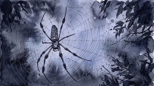 Indigo Watercolor Banana Spider on Web