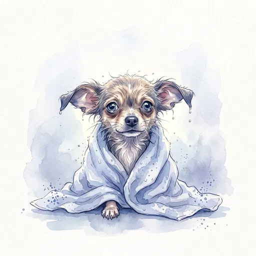 Watercolor Wet Dog Wrapped in Towel