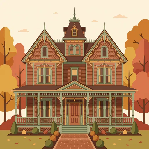 Symmetrical Victorian House Autumn Illustration