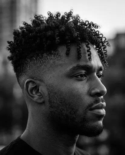 Monochrome Portrait of Man with Curly Fade
