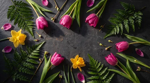 Spring Flowers Flat Lay on Slate