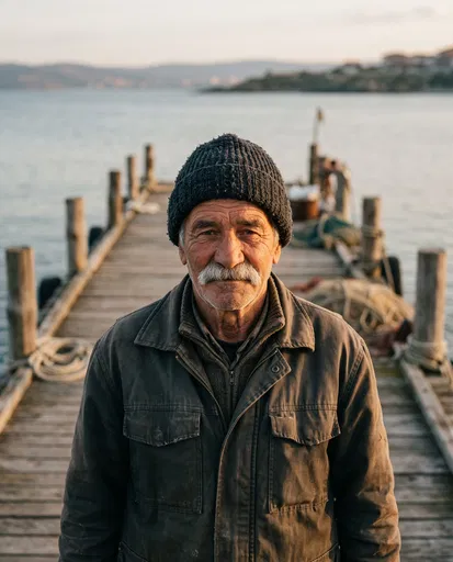Portrait of Elderly Fisherman on Wooden Pier
