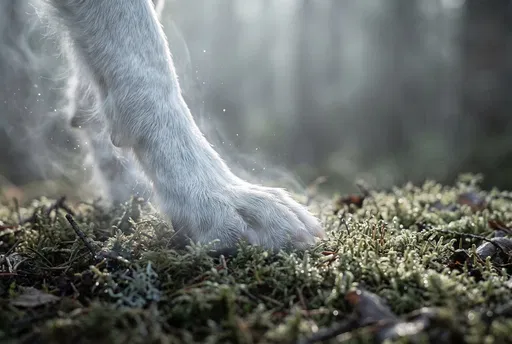 Spectral White Dog Paw on Forest Moss