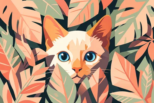 Stylized Kitten Peeking Through Botanical Leaves