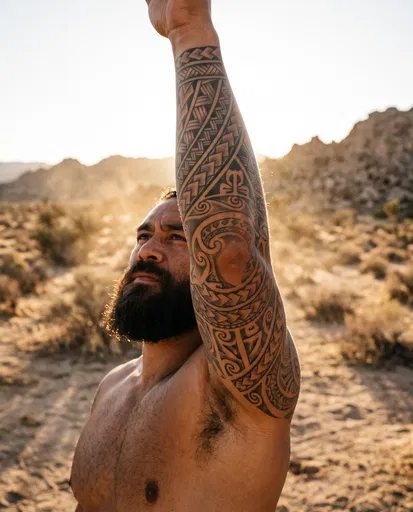 Bearded Man Showing Polynesian Sleeve Tattoo