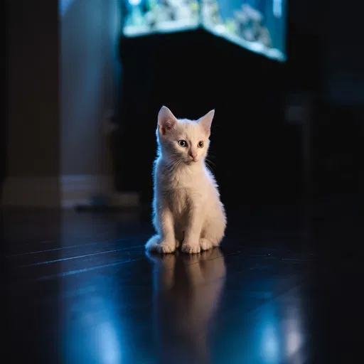 White Kitten on Dark Floor at Night