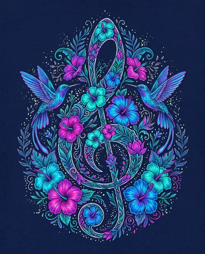 Vibrant Floral Treble Clef with Hummingbirds