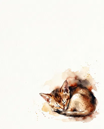 Sleeping Watercolor Kitten with Copy Space