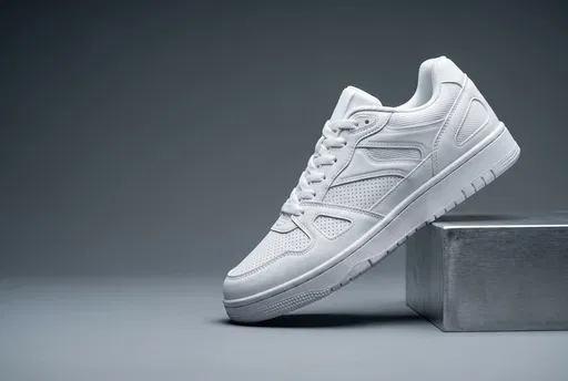 White Sneaker on Brushed Metal Block