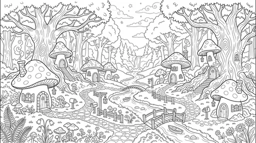 Enchanted Mushroom Village Coloring Page