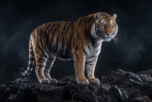 Siberian Tiger Standing on Dark Rock