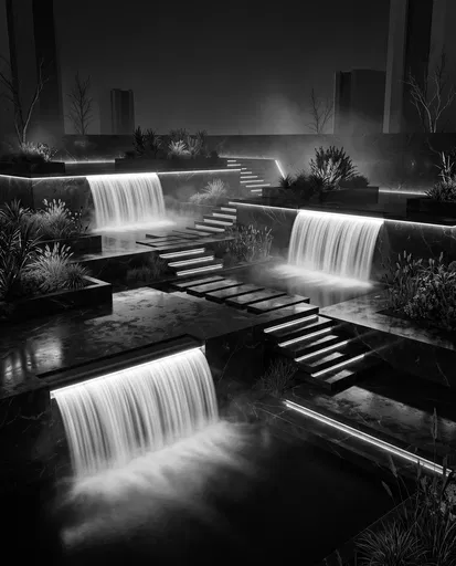 Monochrome Modern Tiered Waterfall Garden