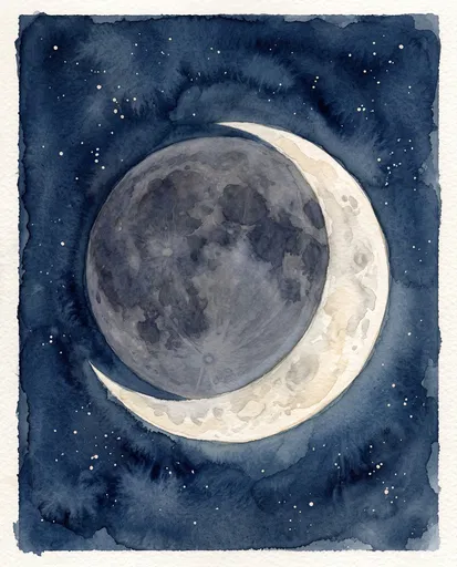 Watercolor Crescent Moon and Earthshine Illustration