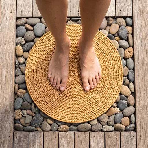 Bare Feet on Woven Rattan Mat