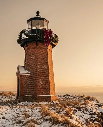 Brick Lighthouse With Christmas Garland at Sunset