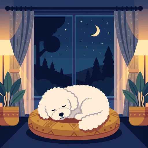 Sleeping Bichon Frise by Night Window