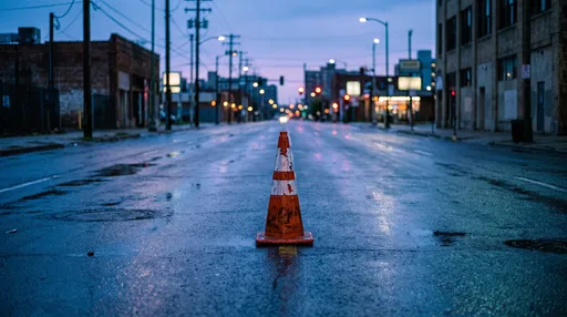 Weathered Traffic Cone on Wet Urban Street