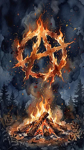 Watercolor Campfire With Flaming Anarchy Symbol
