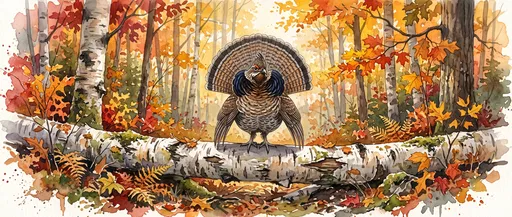 Watercolor Ruffed Grouse in Autumn Forest