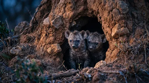Two Hyena Cubs Peeking From Den