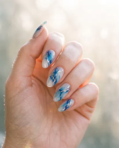 Blue Marble Almond Acrylic Nail Art